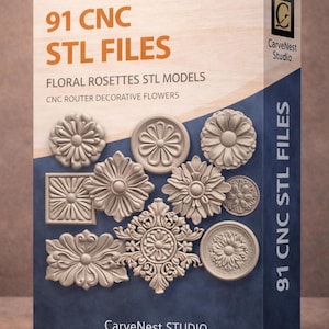 Peut inclure: Une boîte présentant 91 fichiers CNC STL pour des modèles de rosaces florales. La boîte affiche divers motifs de fleurs décoratives, avec le texte "91 CNC STL FILES" bien en évidence. La marque "CarveNest Studio" est également visible.