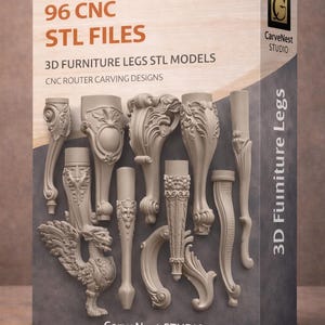 May include: A box set of 96 CNC STL files for 3D furniture legs. The box displays various intricately designed leg models, including ornate and stylized designs. The text on the box reads "3D Furniture Legs STL Models" and "CNC Router Carving Designs."