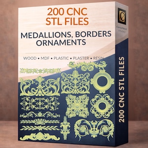May include: A digital product box labeled 200 CNC STL FILES MEDALLIONS, BORDERS ORNAMENTS for wood, MDF, plastic, plaster, and resin. The box features a light wood-grain top and a dark blue base displaying various pale yellow decorative patterns.