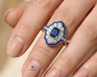 Blå safir CZ Halo-ring | Kuddslipad statement-armband | Mässingsmetall, handgjord