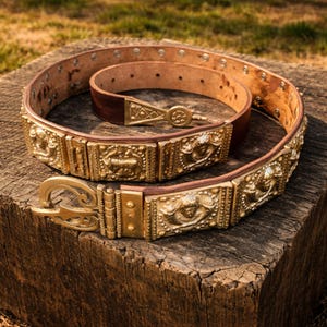 May include: A brown leather belt with ornate gold-colored metalwork. The belt features detailed relief designs of animals and figures. The buckle and other metal accents are also gold-toned, creating a striking contrast with the leather.