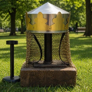 May include: A medieval helmet featuring a gold crown, silver top, and chainmail. The helmet is displayed on a wooden block and a black stand, set against a grassy park background.