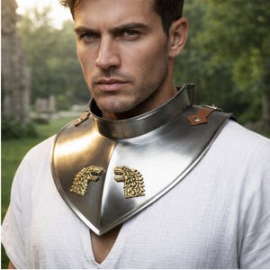 Könnte beinhalten: Ein silberfarbener Gorget, ein Rüstungsteil, mit zwei goldfarbenen Wolfs-Emblemen. Der Gorget hat braune Lederriemen und wird über einem weißen Hemd getragen. Der Hintergrund ist eine verschwommene Szene im Freien.