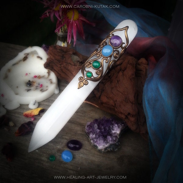 Magic Crystal Selenite Wand with gemstone cabochons Altar, pagan crystal grid !!NOT POLYMER CLAY!!