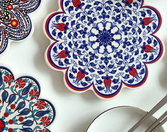 Turkse keramische onderzetter 7.2 ", keramische tegel onderzetter, Hot Pot Pad, Pot holder, keuken Decor- BLAUW BLADEREN PATROON