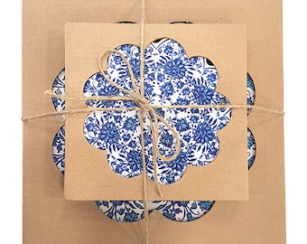 Gift Set / 1Ceramic Trivet + 2Ceramic Coaster - BLUE FLOWERS