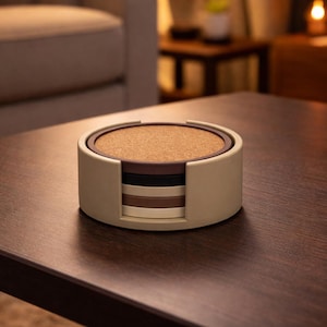 May include: A set of circular drink coasters stacked inside a light beige cylindrical holder. The coasters feature a natural cork top surface with dark brown, black, and cream-colored edges, creating a layered appearance within the holder.