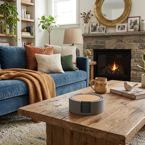 May include: A set of round cork coasters stacked inside a dark gray circular holder. The coasters feature a natural light brown cork surface with a dark gray rim, positioned on a rustic wooden coffee table in a living room setting.