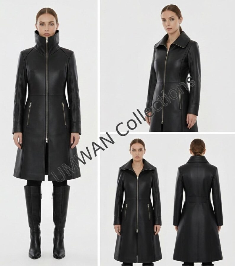 May include: A black leather coat with a high collar and a full-length zipper. The coat features a flared skirt and long sleeves. The model is wearing black boots. The coat has two front pockets with zippers. The coat is a classic and stylish outerwear piece.