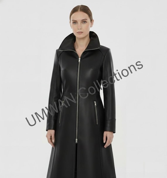 Handmade Genuine Sheep Leather Trench Coat, High Collar Gothic Winter Jacket