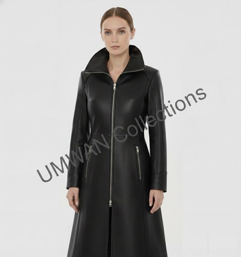 women black genuine leather long coat front view, elegant leather coat with zipper closure, women winter genuine leather coat side view, long black leather coat back view, premium women leather outerwear