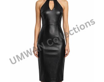 Black Leather Midi Halter Dress, Bodycon Gothic Outfit, Keyhole Party Wear