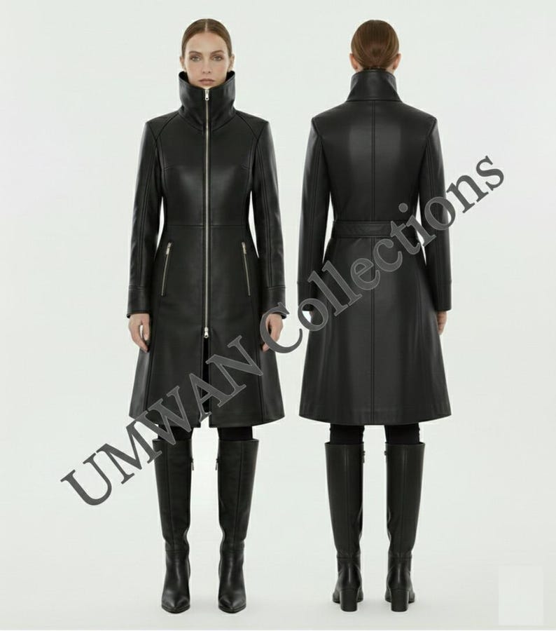 May include: A black leather coat with a high collar and a full-length zipper. The coat has a fitted silhouette and reaches to the mid-calf. The image shows the front and back of the coat. The text "UMWAN collections" is visible.