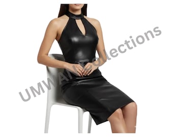 Black Genuine Leather Bodycon Midi, Halter Neck Party Outfit for Women, Evening Wear
