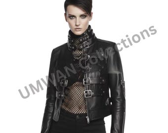 Black Biker Jacket Women Gothic Buckle Punk High Neck Slim Fit Outerwear