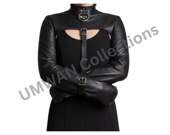 Sheepskin Leather Bolero Shrug, High Neck Collar, Avant-Garde Arm Warmers