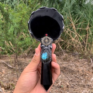 Espejo de mano de obsidiana natural para adivinación, herramienta de adivinación para brujas, cornalina de labradorita, varita de cristal para altar wicca, regalo de cristal (1 unidad)