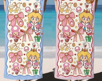 Princess Peach Inspired Beach Towel, Mario Pink Bow Mushroom Pattern Towel, Character Summer Vacation Pool Beach Towel Gift 07