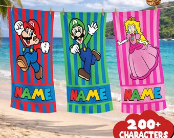 Personalized Super Mario Beach Towel, Custom Super Mario Bros Towel, Gamer Lover Gift, Video Game Beach Towel, Birthday Boy Girl Summer Gift