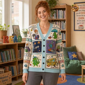 Cardigan de professeur de bus scolaire magique, pull en tricot Mme Frizzle mignon, cadeau de rentrée de professeur de sciences, cadeau de remerciement pour éducateur STEM