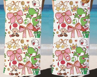 Yoshi and Toad Inspired Beach Towel, Mario Character Pattern Towel, Mario Game Theme Summer Vacation Pool Beach Towel, Boy Girl Summer Gift