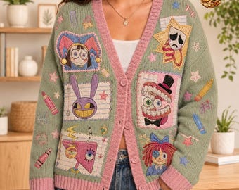 L'incroyable cardigan de professeur de cirque numérique, incroyable cardigan de bouffon en tricot cirque numérique, joli tricot Pomni Jax, cadeau pour elle