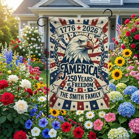 Personalized America 250th Birthday Garden Flag, Custom Family Name 1776-2026 Anniversary Banner Outdoor, 4th of July, Patriotic Gift Decor