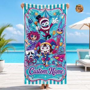 May include: A rectangular beach towel featuring a vibrant circus-themed graphic with multiple cartoon characters, including a jester, a rabbit, and a doll. The design includes a marquee-style border and the text Custom Name in purple script.