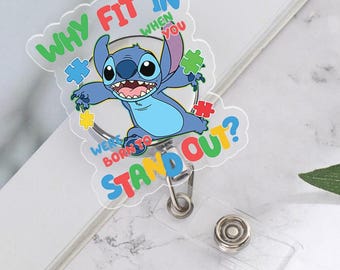 Disneyland Stitch Badge Reel, Badge Stitch  Accessory Gifts, Stitch Why Fit In Stand Out Badge Reel, Autism Awareness Badge Reels -1
