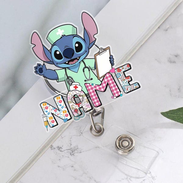 Porta credencial de enfermera de Disneyland Stitch, porta credencial de enfermera de dibujos animados, porta credencial retráctil con clip, accesorio de regalo para enfermeras -8