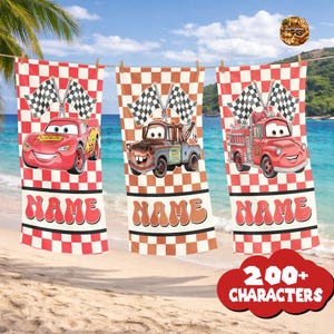 Disneyland Cars Lightning McQueen Beach Towel, Pixar Cars Beach Towel, Custom Name Family Vacation Towel, Disneyland Family Matching Towel image 1