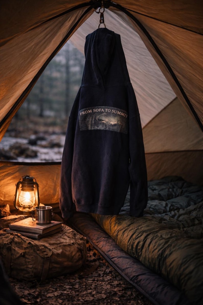Pu&ograve; includere: Una felpa blu navy con la scritta "FROM SOFA TO SUMMIT" &egrave; appesa all'interno di una tenda. Una lanterna accesa, una tazza di metallo e uno zaino sono su dei libri. Un sacco a pelo &egrave; visibile.