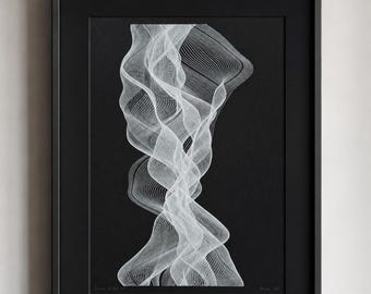 Curvas de ella VI: A3 Tinta blanca sobre papel negro – Original de plotter de pluma inverso