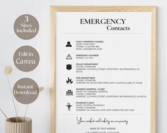 Emergency Contact Sign Canva Template | Airbnb Emergency Information Printable | Guest Safety Sign
