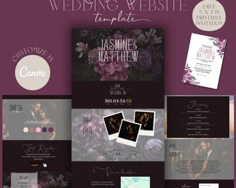 Moody Floral Wedding Website Template, RSVP, Canva (5x7 Invitation)
