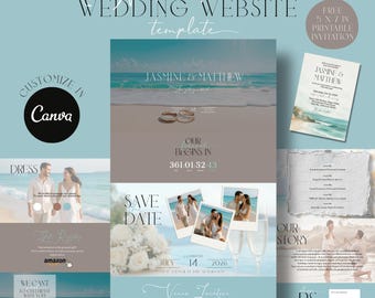 Beach Wedding Website Template | Coastal Theme, RSVP (Canva Editable)