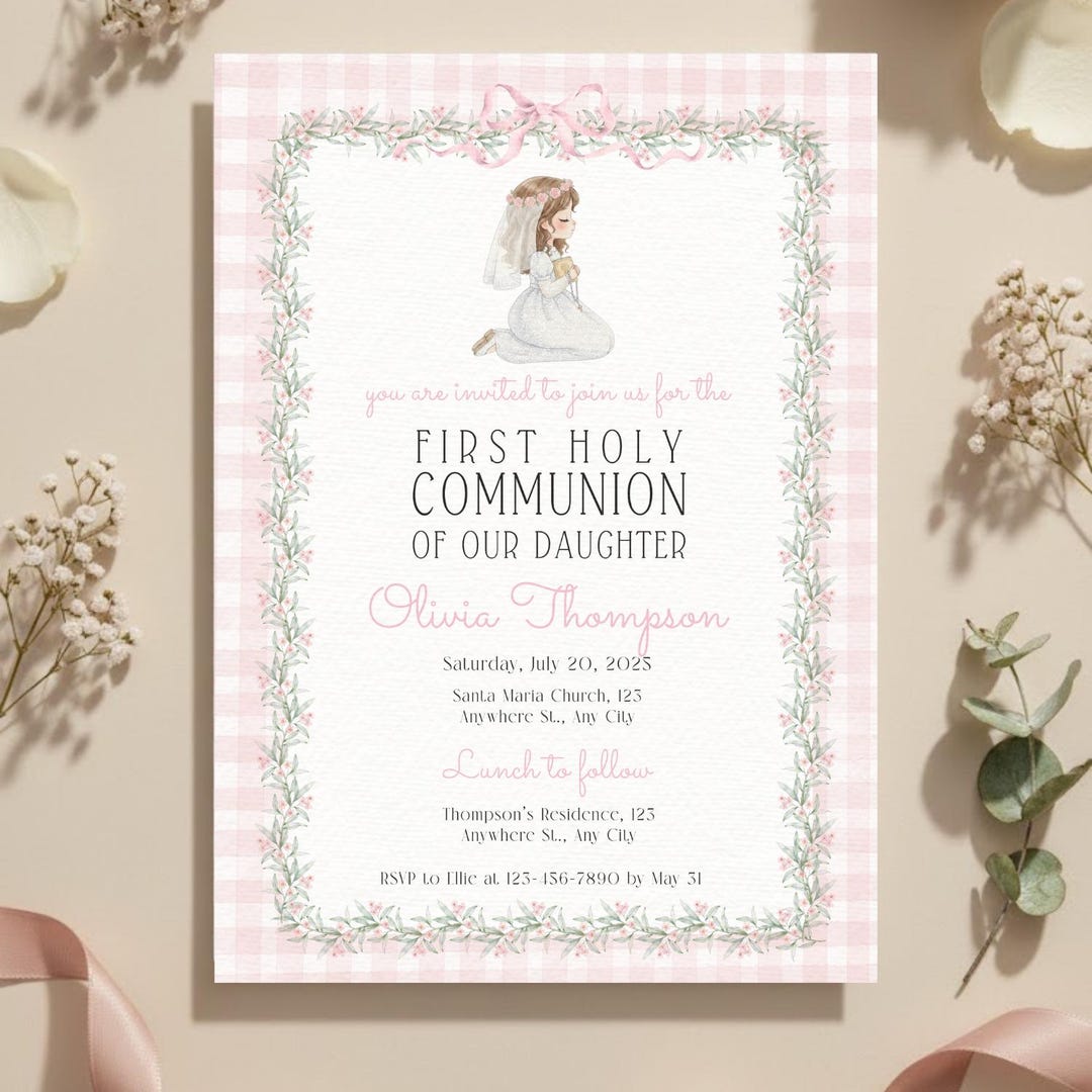 First Communion Invitation Girl | Pink Floral Holy Communion Invite ...
