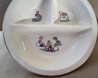 Vintage Salem China schaal met vakjes, konijntje en lammetje als wip voor kinderen
