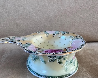 ヴィンテージ手描き磁器製茶こし＆茶杓ボウル　花柄金縁取り　日本茶アクセサリー
