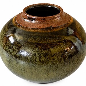 Vintage Studio Pottery Vase  Handmade Olive Green Brown Glazed Stoneware Round Art Pottery