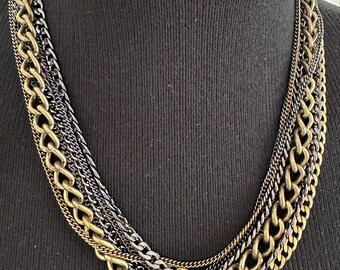 Vintage Multi Strand Mixed Metal Chain Necklace Statement Layered Antiqued Gold & Gunmetal