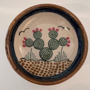 May include: A small, round, ceramic bowl with a cream-colored interior featuring a hand-painted green cactus with pink flowers. The base of the bowl shows brown dotted ground, and the rim is a dark brown, textured, unglazed clay finish.