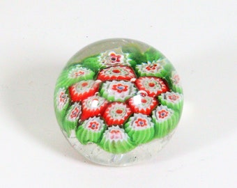 Green & Red Millefiori Glass Paperweight