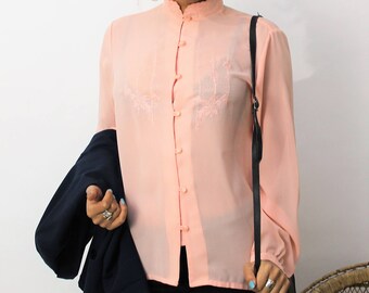 1970s Salmon Pink High Neck Blouse Size UK 10/12, US 6/8, EU 38/40