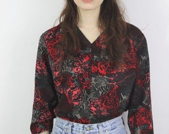1980s Red Printed Cropped Blouse Size UK 12, US 8, EU 40