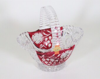 Anna Hutte Lead Crystal Red and Clear Glass Basket Dish