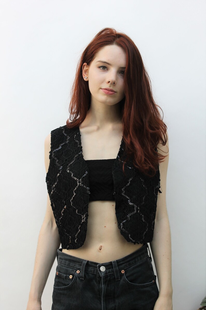 EU 3840 1980s Black Sequin /& Lace Waistcoat Size UK 1012 US 68