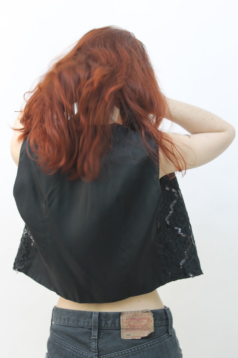 EU 3840 1980s Black Sequin /& Lace Waistcoat Size UK 1012 US 68