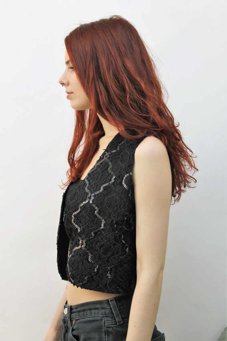 EU 3840 1980s Black Sequin /& Lace Waistcoat Size UK 1012 US 68