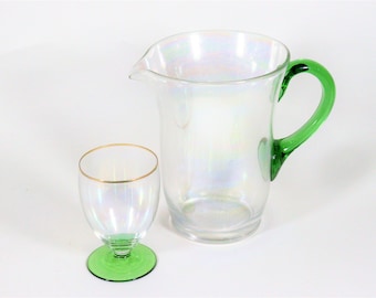 Green & Iridescent Glass Nightstand Water Jug and Tumbler